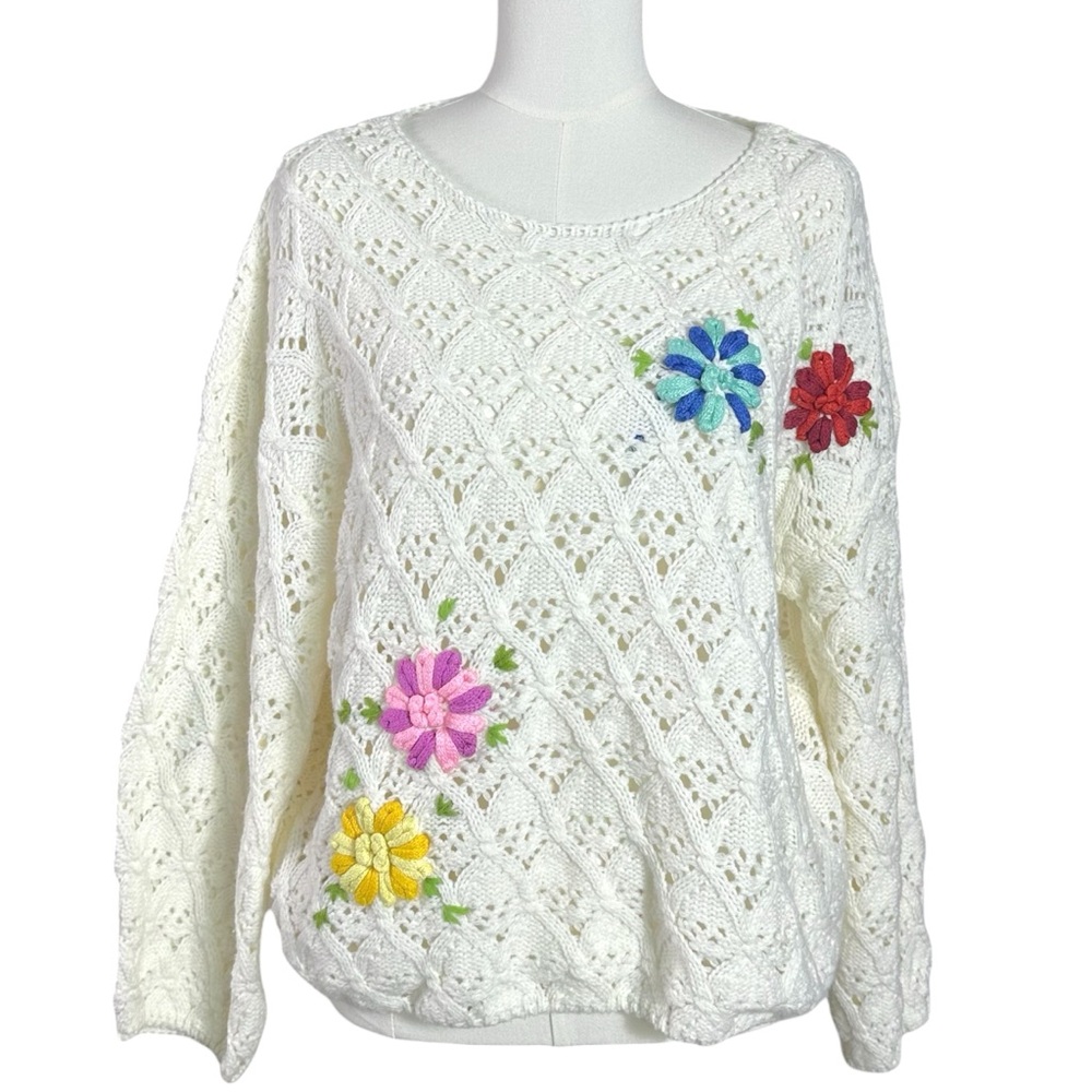 Vintage 90s Cottage Open Chunky Knit Crochet Flowers Pullover Sweater Size XL
